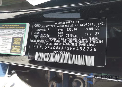2015 Kia Optima Lx from USA, damaged, VIN 5XXGM4A73FG458726